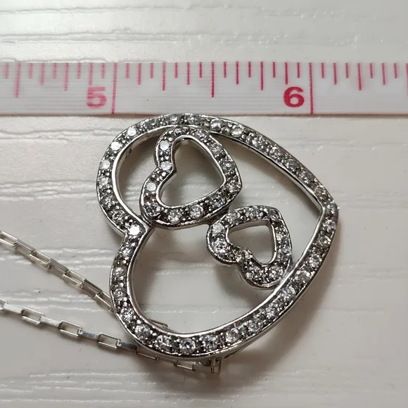 Vintage Sterling Silver Large Triple Heart Pave CZ Pendant with 30" Chain - Picture 9 of 12